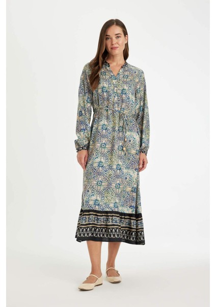 Regular Fit Apaş Yaka Desenli Düğmeli Uzun Kollu Maxi Elbise D5447AX24AU