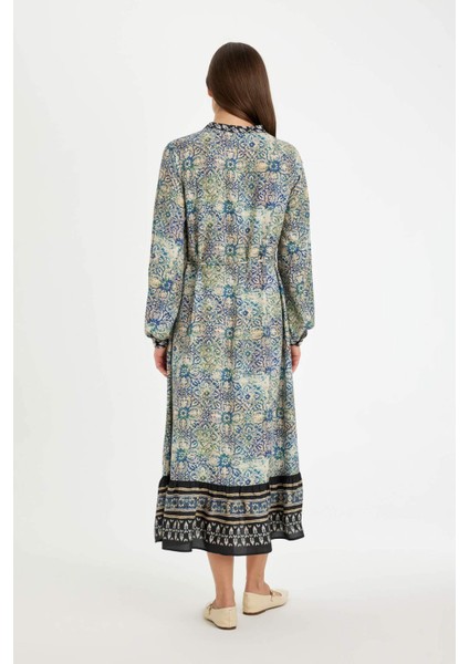 Regular Fit Apaş Yaka Desenli Düğmeli Uzun Kollu Maxi Elbise D5447AX24AU