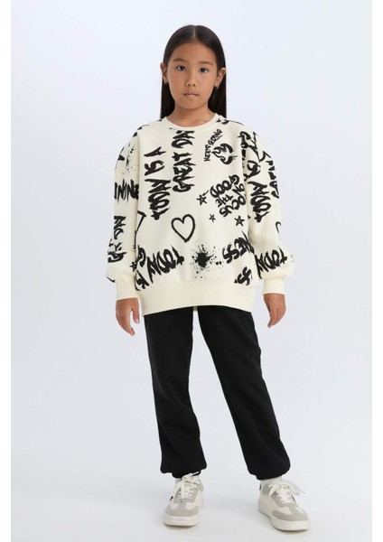 Kız Çocuk 2'li Takım Desenli Sweatshirt Beli Lastikli Eşofman Altı