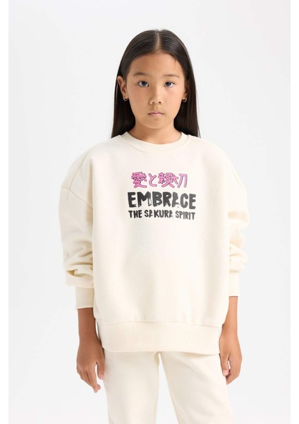 Kız Çocuk 2'li Takım Baskılı Sweatshirt Üst Beli Lastikli Jogger Eşofman Altı D4869A824WN