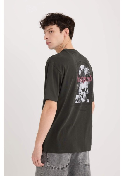 %100 Pamuk Boxy Fit Bisiklet Yaka Sırt Baskılı Kısa Kollu Tişört