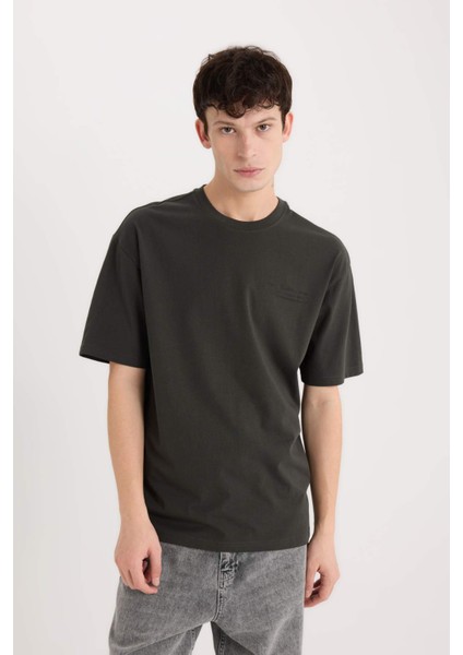 %100 Pamuk Boxy Fit Bisiklet Yaka Sırt Baskılı Kısa Kollu Tişört