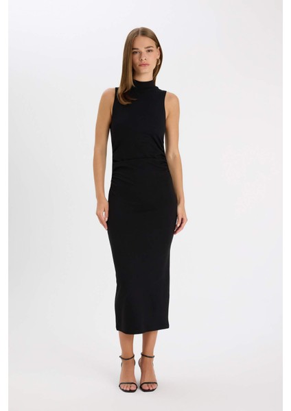 Bodycon Vücudu Saran Yarım Balıkçı Yaka Kolsuz Maxi Siyah Abiye Elbise D5067AX24AU