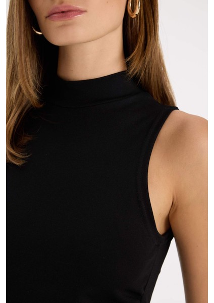 Bodycon Vücudu Saran Yarım Balıkçı Yaka Kolsuz Maxi Siyah Abiye Elbise D5067AX24AU