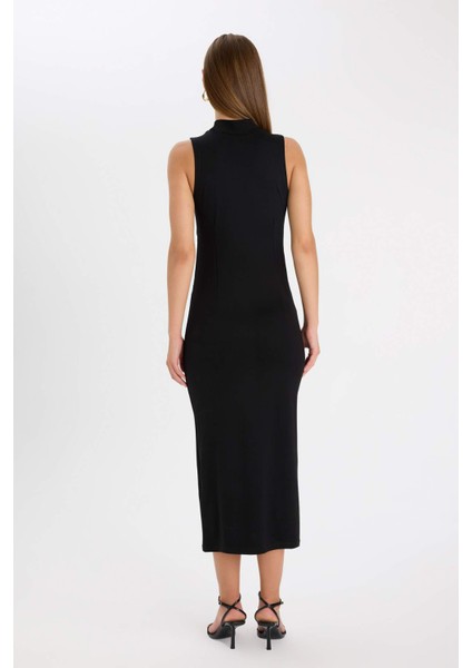 Bodycon Vücudu Saran Yarım Balıkçı Yaka Kolsuz Maxi Siyah Abiye Elbise D5067AX24AU