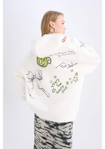 Coool Oversize Geniş Kalıp Kapüşonlu Sırt Baskılı Kalın Sweatshirt D6705AX24WN