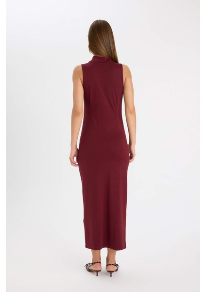 Bodycon Vücuda Oturan Basic Düz Yarım Balıkçı Yaka Kolsuz Maxi Bordo Elbise