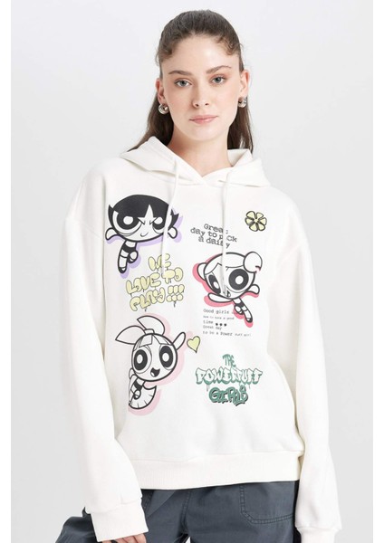 Coool PowerPuff Girls Oversize Geniş Kalıp Kapüşonlu Baskılı Kalın Sweatshirt D4846AX24WN