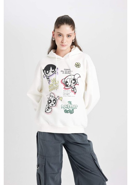 Coool PowerPuff Girls Oversize Geniş Kalıp Kapüşonlu Baskılı Kalın Sweatshirt D4846AX24WN