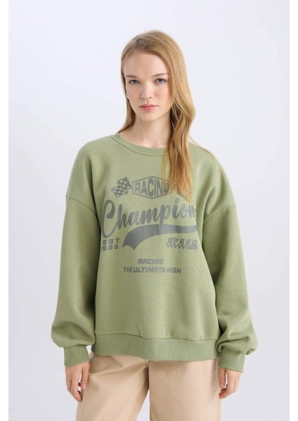 Coool Oversize Geniş Kalıp Bisiklet Yaka Baskılı Kalın Sweatshirt D5384AX24AU