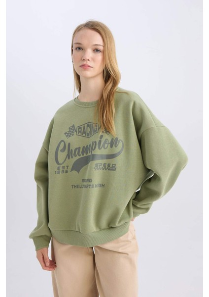 Coool Oversize Geniş Kalıp Bisiklet Yaka Baskılı Kalın Sweatshirt D5384AX24AU