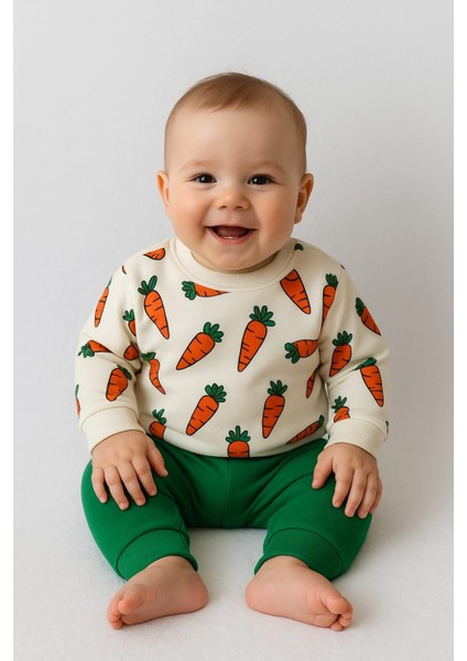 Tuembaby %100 Cotton Kumaş Yumuşak Havuç Desenli Beli Lastikli Uzun Kollu 2 Parça Unisex Bebek Takım