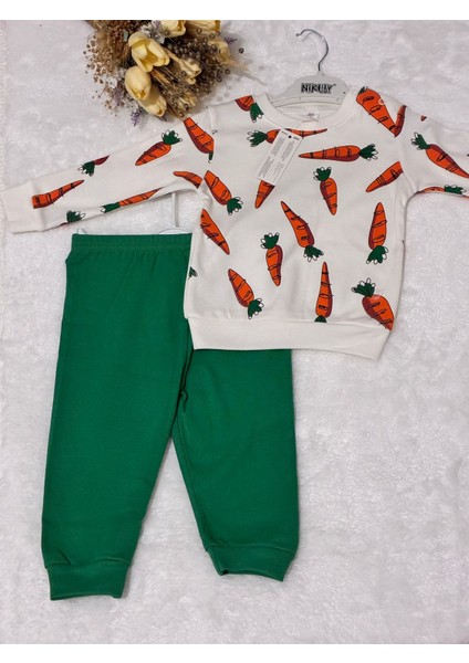 Tuembaby %100 Cotton Kumaş Yumuşak Havuç Desenli Beli Lastikli Uzun Kollu 2 Parça Unisex Bebek Takım modelleri