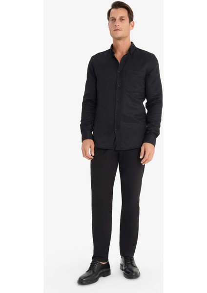 Slim Fit Dar Kesim Polo Yaka Dokulu Uzun Kollu Siyah Gömlek T2066AZ25SP