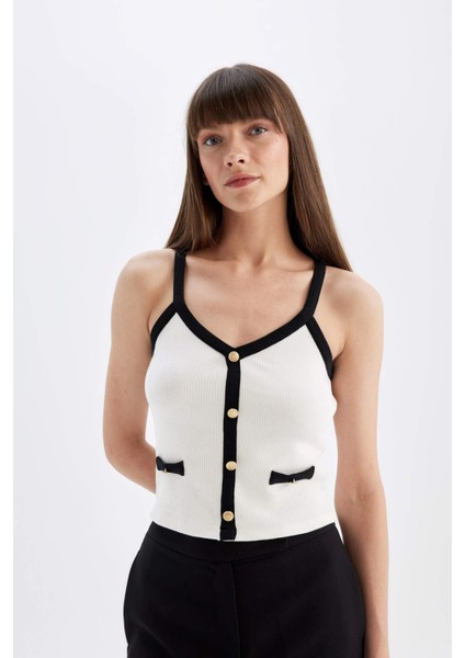 Slim Fit Dar Kesim V Yaka Fitilli Kaşkorse Askılı Atlet D5404AX24SM
