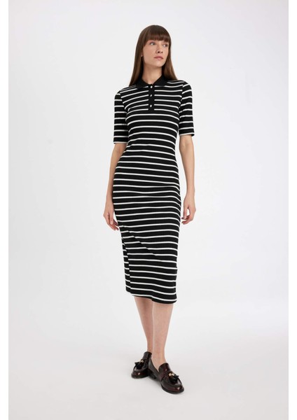 Bodycon Vücuda Oturan Düğmeli Polo Yaka Çizgili Fitilli Kaşkorse Yarım Kol Midi Elbise D5864AX24AU