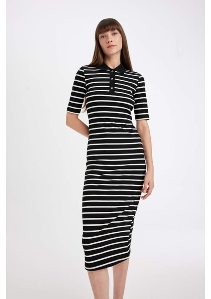 Bodycon Vücuda Oturan Düğmeli Polo Yaka Çizgili Fitilli Kaşkorse Yarım Kol Midi Elbise D5864AX24AU