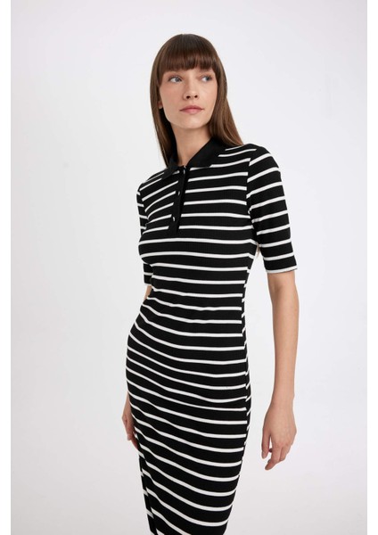 Bodycon Vücuda Oturan Düğmeli Polo Yaka Çizgili Fitilli Kaşkorse Yarım Kol Midi Elbise D5864AX24AU