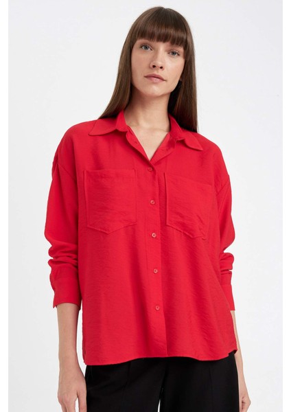 Oversize Geniş Kalıp Basic Düz Kırmızı Uzun Kollu Gömlek B0746AX24AU
