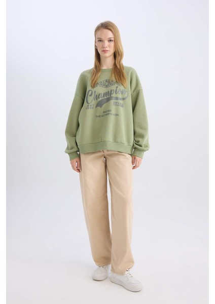 Coool Oversize Geniş Kalıp Bisiklet Yaka Baskılı Kalın Sweatshirt D5384AX24AU