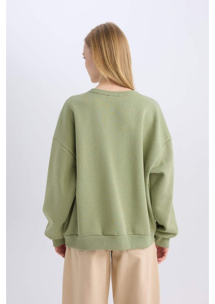 Coool Oversize Geniş Kalıp Bisiklet Yaka Baskılı Kalın Sweatshirt D5384AX24AU