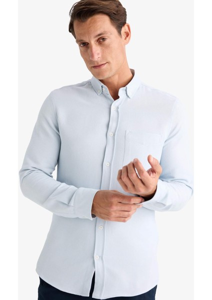 Slim Fit Dar Kesim Polo Yaka Dokulu Uzun Kollu Gömlek T2066AZ25SP