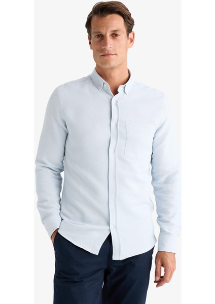 Slim Fit Dar Kesim Polo Yaka Dokulu Uzun Kollu Gömlek T2066AZ25SP