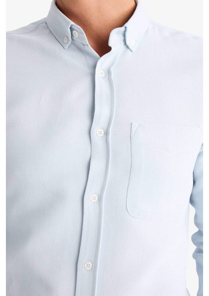 Slim Fit Dar Kesim Polo Yaka Dokulu Uzun Kollu Gömlek T2066AZ25SP