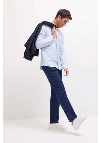 Slim Fit Dar Kesim Polo Yaka Dokulu Uzun Kollu Gömlek T2066AZ25SP