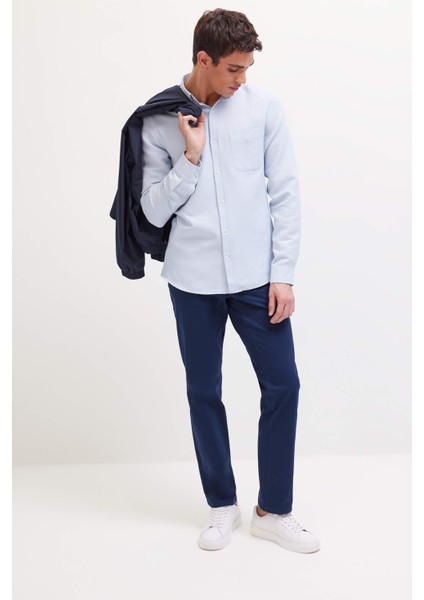 Slim Fit Dar Kesim Polo Yaka Dokulu Uzun Kollu Gömlek T2066AZ25SP