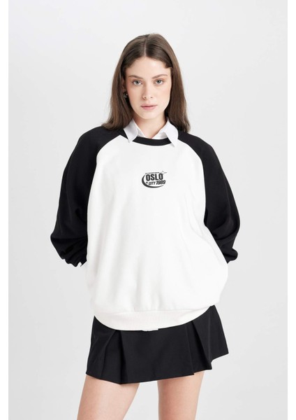 Coool Loose Fit Bisiklet Yaka Renk Bloklu Baskılı Sweatshirt D6673AX24WN