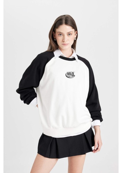 Coool Loose Fit Bisiklet Yaka Renk Bloklu Baskılı Sweatshirt D6673AX24WN