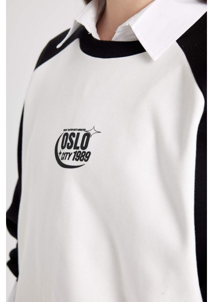 Coool Loose Fit Bisiklet Yaka Renk Bloklu Baskılı Sweatshirt D6673AX24WN