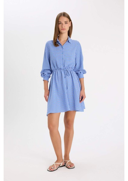 Gömlek Yaka Pötikareli Düğmeli Beli Bağcıklı Gofre Dokulu Uzun Kollu Mini Elbise