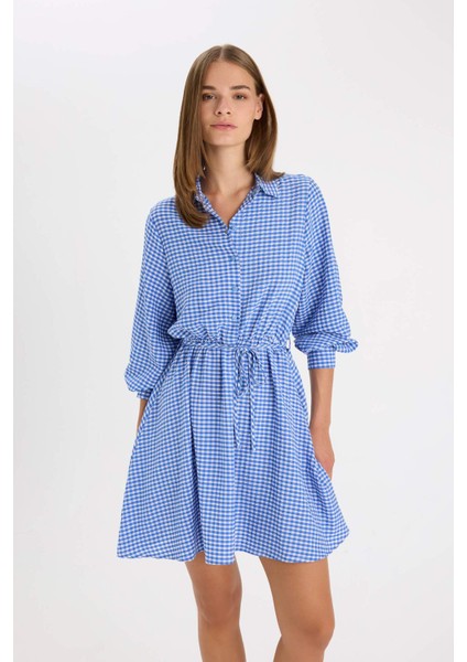 Gömlek Yaka Pötikareli Düğmeli Beli Bağcıklı Gofre Dokulu Uzun Kollu Mini Elbise