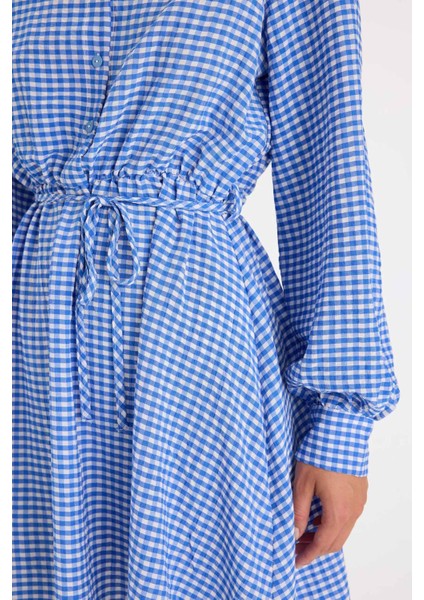 Gömlek Yaka Pötikareli Düğmeli Beli Bağcıklı Gofre Dokulu Uzun Kollu Mini Elbise