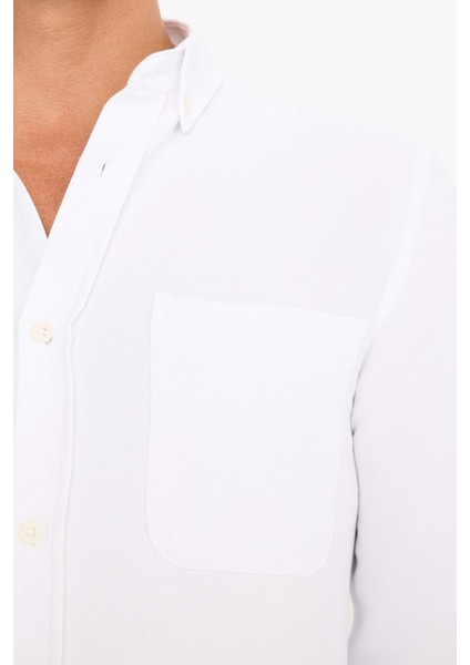 Slim Fit Dar Kesim Polo Yaka Dokulu Uzun Kollu Beyaz Gömlek T2066AZ25SP