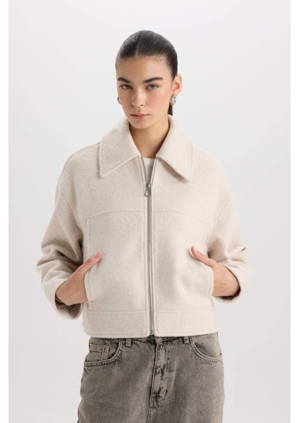 Su Geçirmez Regular Fit Polo Yaka Fermuarlı Cepli Kısa Kaşe Ceket C0935AX25SP