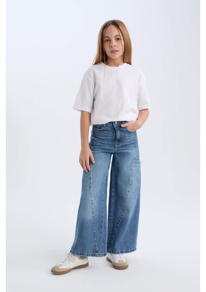 Kız Çocuk Wide Leg Kargo Cepli Geniş Bol Paça Jean Pantolon D4689A824AU