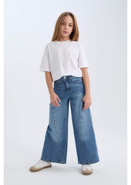 Kız Çocuk Wide Leg Kargo Cepli Geniş Bol Paça Jean Pantolon D4689A824AU