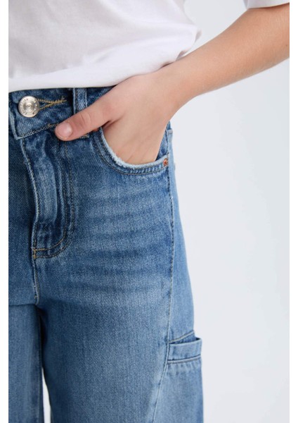 Kız Çocuk Wide Leg Kargo Cepli Geniş Bol Paça Jean Pantolon D4689A824AU