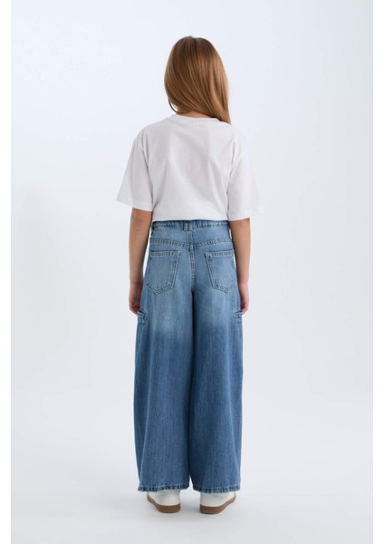 Kız Çocuk Wide Leg Kargo Cepli Geniş Bol Paça Jean Pantolon D4689A824AU