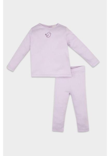 Kız Bebek Pijama Takımı Nakışlı Uzun Kollu Fitilli Kaşkorse Üst Beli Lastikli Uzun Alt D6802A5NS