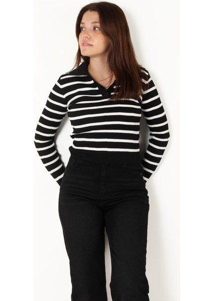 2058 Çizgili Düğmeli Polo Yaka Kazak