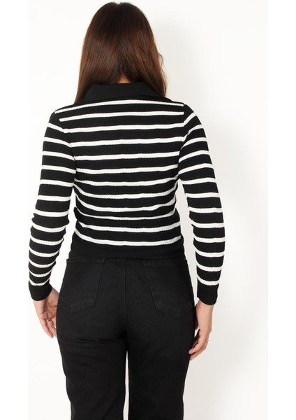 2058 Çizgili Düğmeli Polo Yaka Kazak modelleri