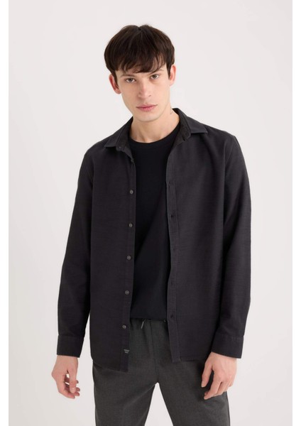 Slim Fit Dar Kesim Pamuklu Basic Düz Uzun Kollu Siyah Gömlek A4644AX25SP