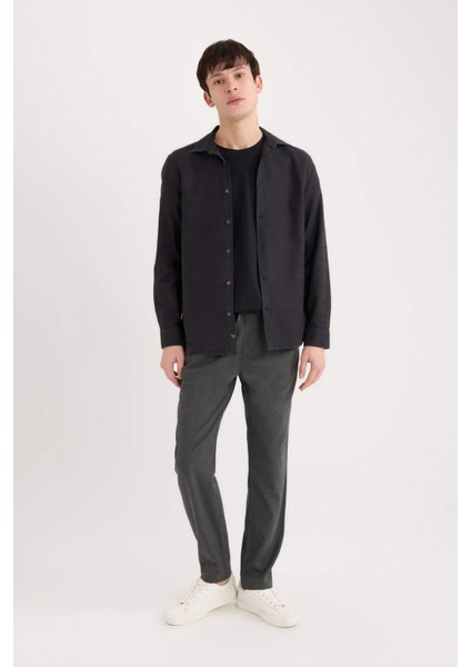 Slim Fit Dar Kesim Pamuklu Basic Düz Uzun Kollu Siyah Gömlek A4644AX25SP