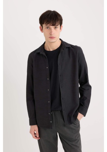 Slim Fit Dar Kesim Pamuklu Basic Düz Uzun Kollu Siyah Gömlek A4644AX25SP