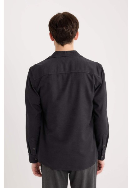 Slim Fit Dar Kesim Pamuklu Basic Düz Uzun Kollu Siyah Gömlek A4644AX25SP
