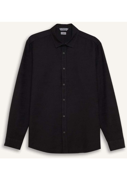 Slim Fit Dar Kesim Pamuklu Basic Düz Uzun Kollu Siyah Gömlek A4644AX25SP